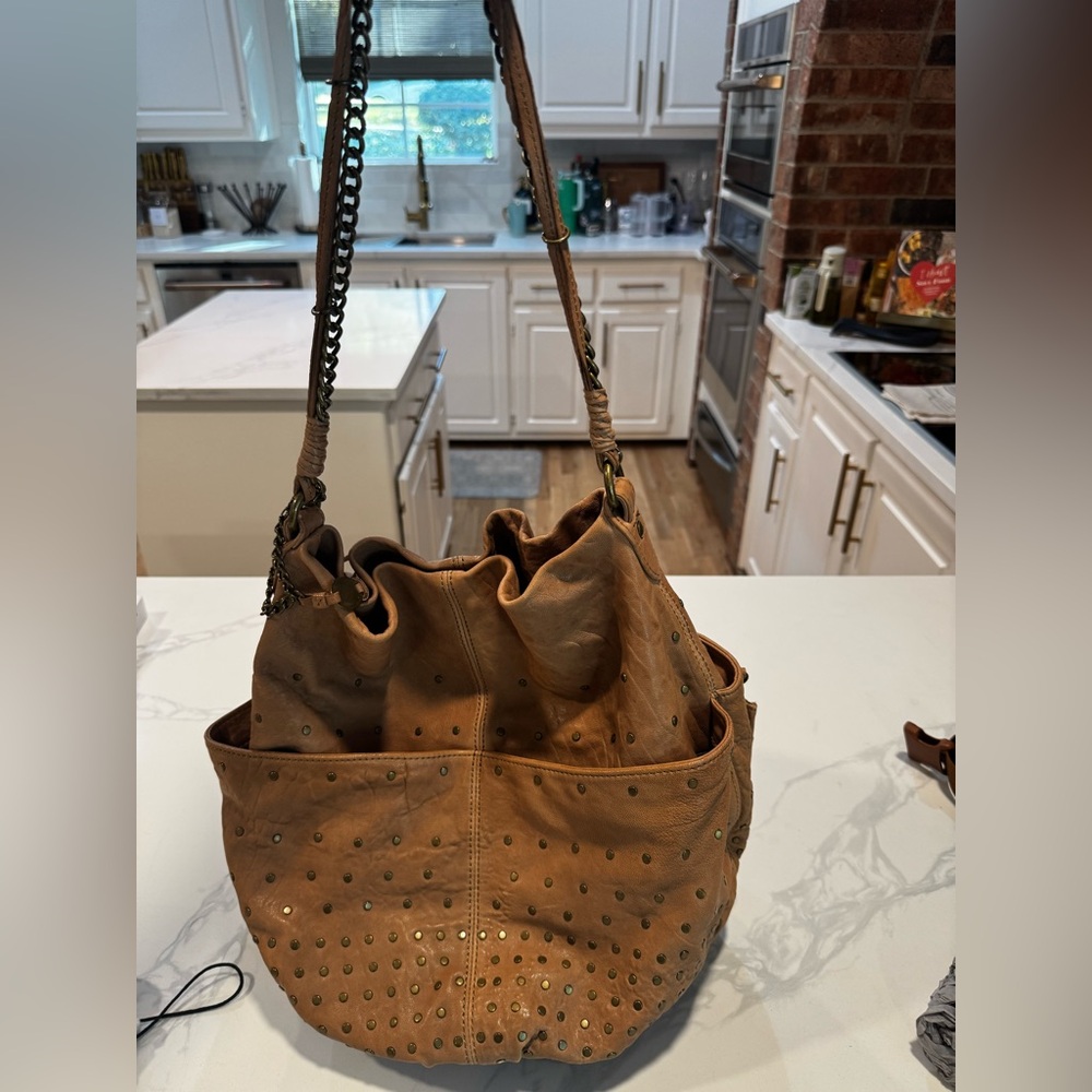 Olivia Harris Studded Tan Leather Shoulder Bag